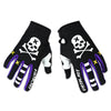 Une paire de gants de motocross noirs avec des motifs de crâne et d'os, et des accents violets.