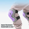 A close-up of a child's arm wearing a multi-sport protective gear set with purple and gray padding.