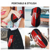 Red and black spider web patterned eyeglass pouch shown in various contexts.