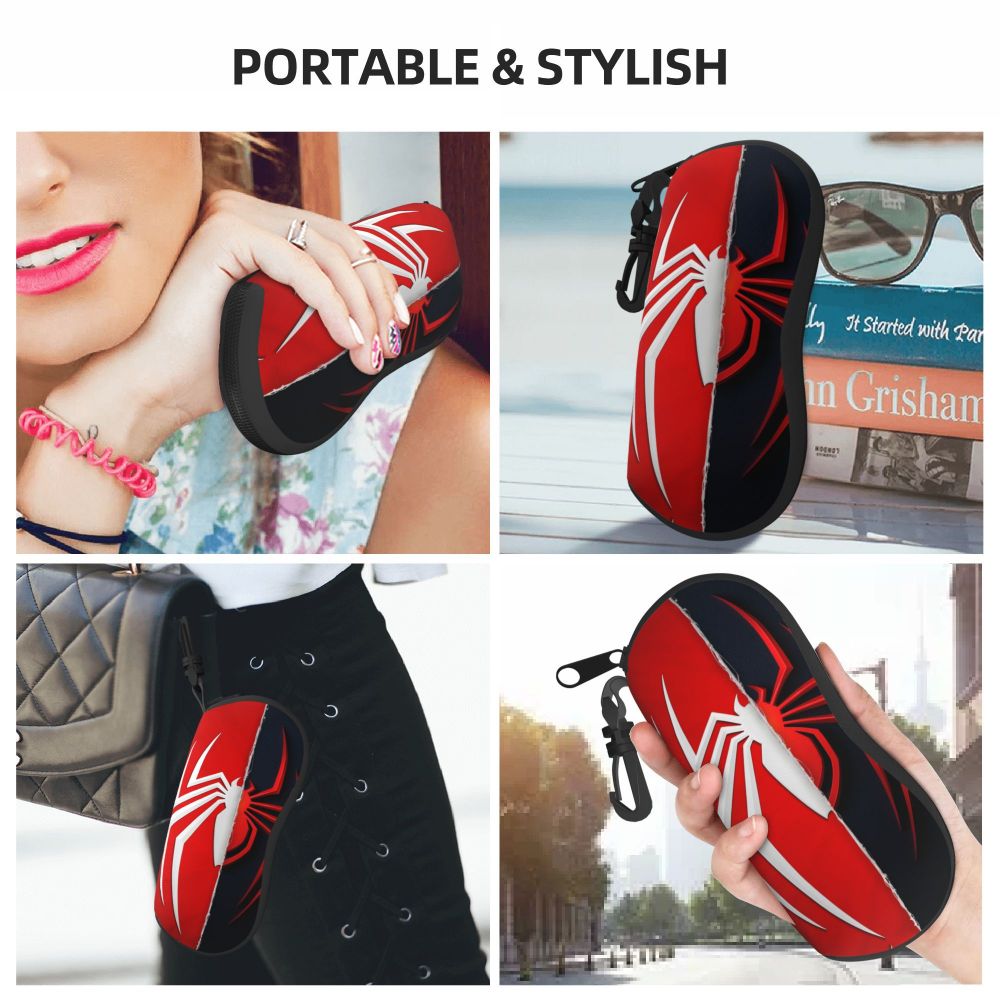 Red and black spider web patterned eyeglass pouch shown in various contexts.