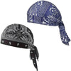 A set of two paisley cooling headscarf caps, one blue and white patterned, and one black and white patterned.