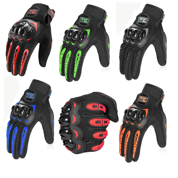 A set of black motorcycle riding anti-fall gloves with touchscreen features shown from multiple angles.