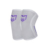 Pair of light gray compression knee sleeves with purple geometric designs