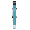 A teal silicone damper tape with a black buckle and white trim for string noise reduction.
