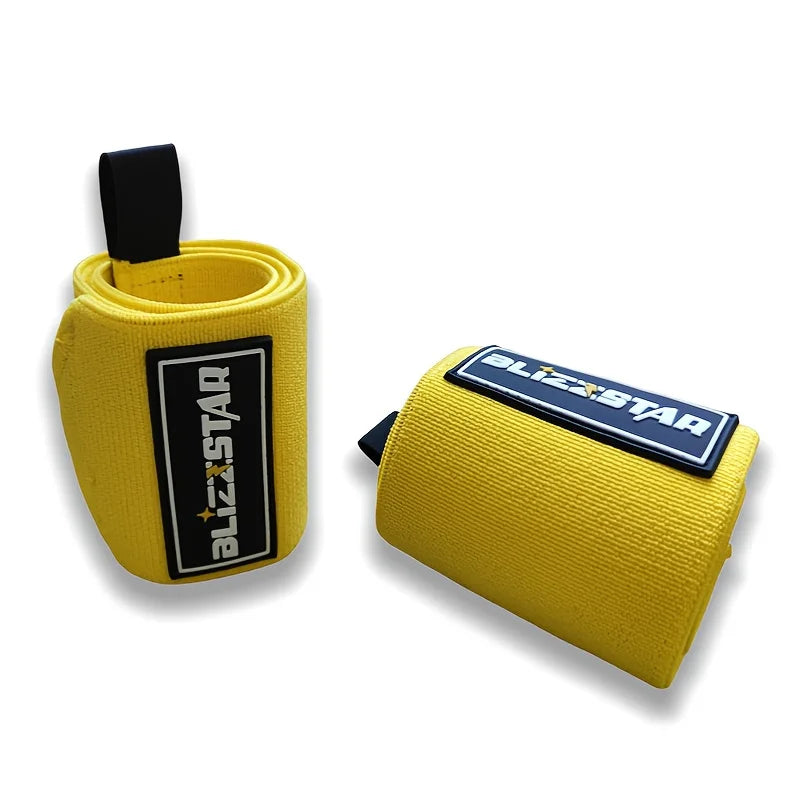 Un bandeau ajustable jaune avec une sangle noire et des inscriptions noires sur fond blanc.