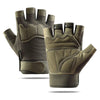 A pair of olive green half-finger anti-slip outdoor gloves shown against a white background.