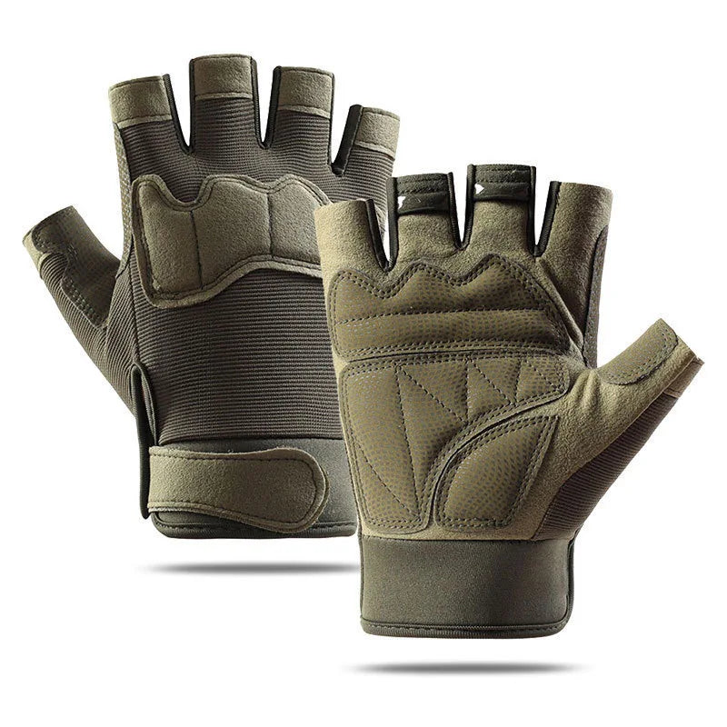 A pair of olive green half-finger anti-slip outdoor gloves shown against a white background.