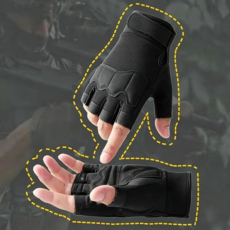 A close-up view of black half-finger anti-slip outdoor gloves being worn on a hand.