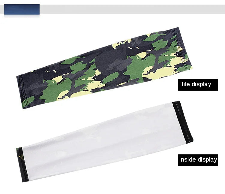 Two tactical camouflage arm sleeves are shown, one with a tile display and another with an inside display.