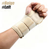 A hand wearing a beige supportive wrist splint on the left arm.