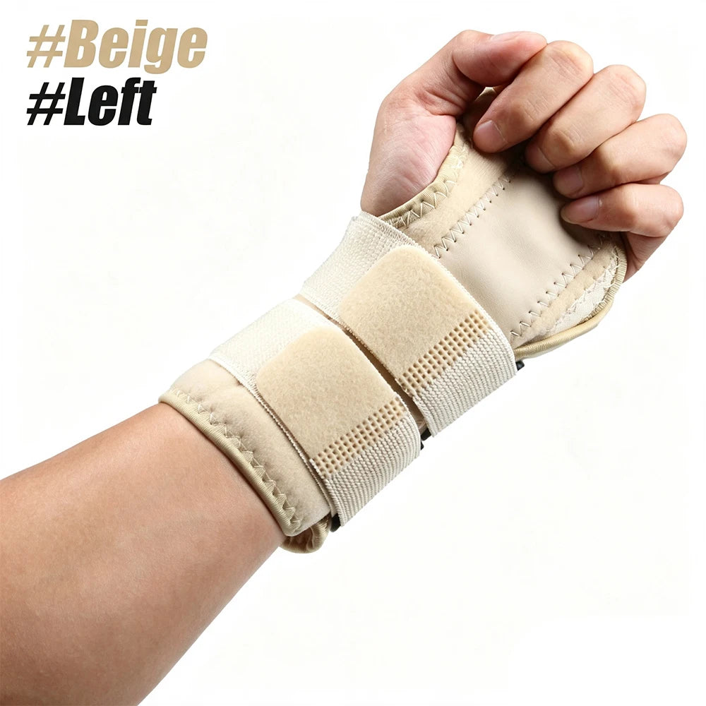 A hand wearing a beige supportive wrist splint on the left arm.