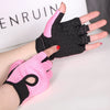 A hand wearing a pink fingerless gym glove and a black anti-slip glove, displayed against a white background.