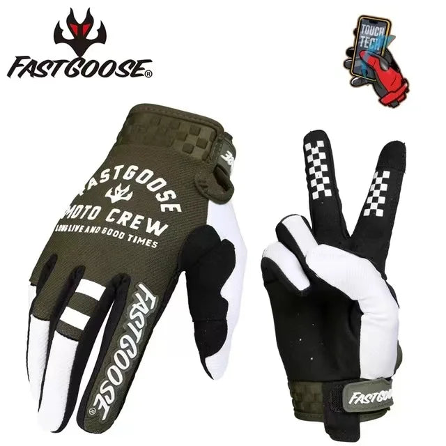 A pair of green and white FastGoose full-finger motocross and off-road cycling gloves shown for sale.