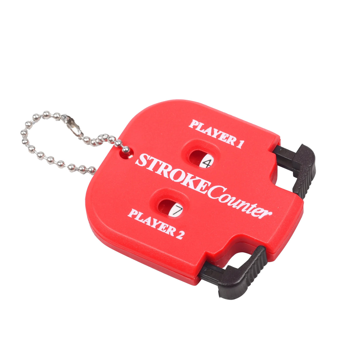 A red portable golf score counter device with slots labeled Player 1 and Player 2.