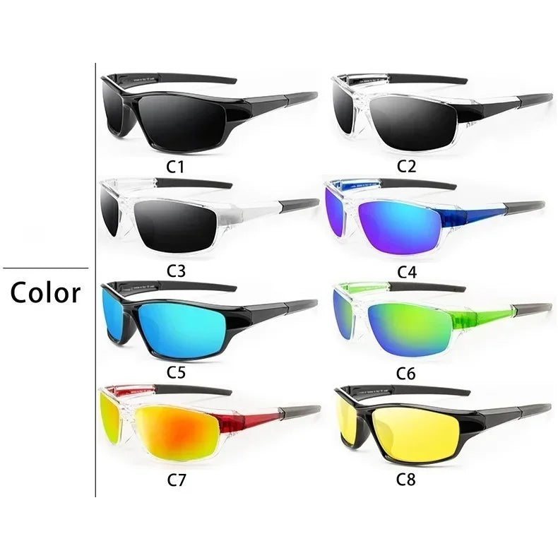 Une collection de huit paires de lunettes de soleil polarisées pour hommes, dans diverses couleurs et styles.