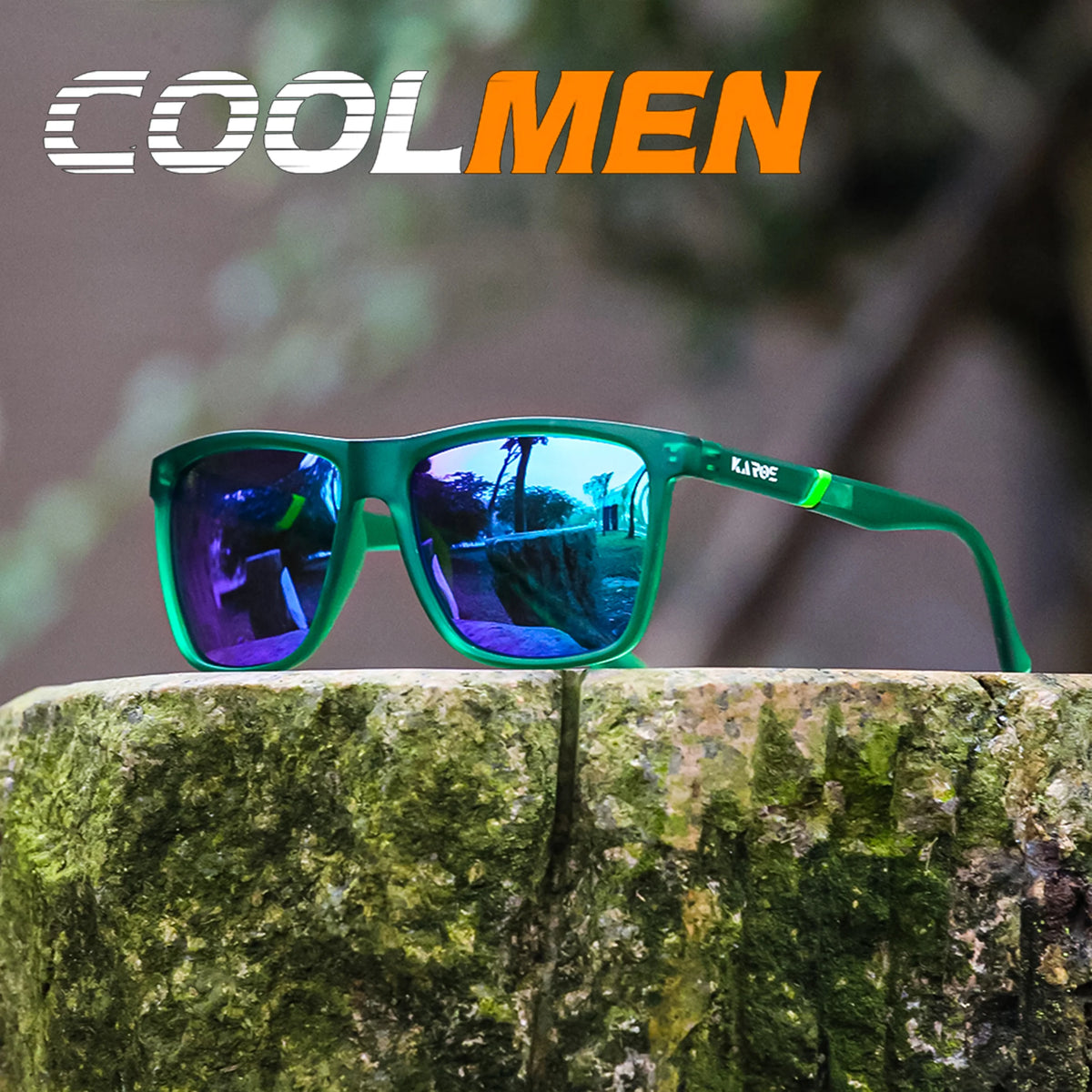 A pair of green polarized sports sunglasses resting on a mossy tree trunk.