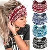 A woman models several bohemian cotton stretch headbands in red, blue, and black patterns.