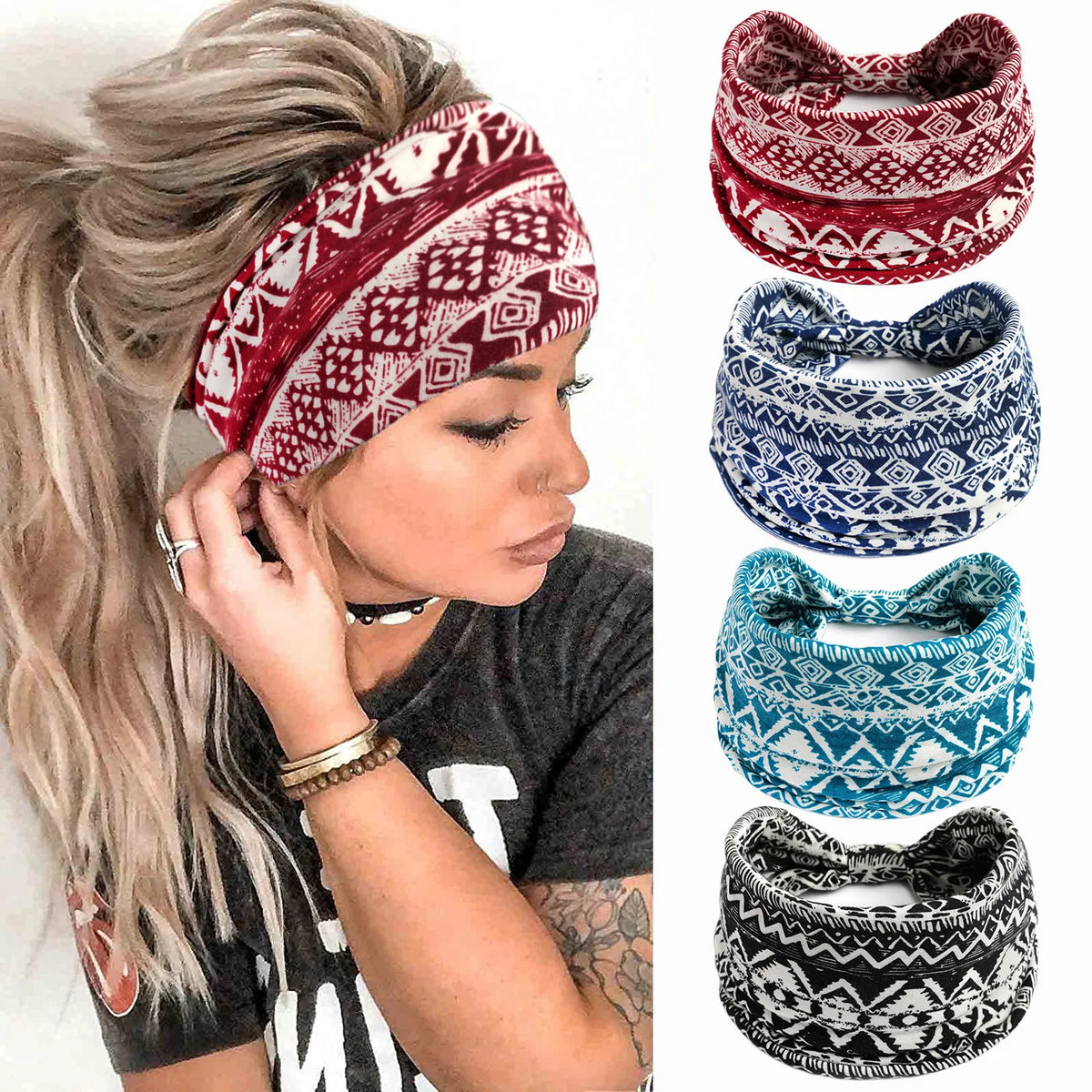 A woman models several bohemian cotton stretch headbands in red, blue, and black patterns.