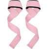 Pair of pink adjustable weightlifting wrist straps with black accents