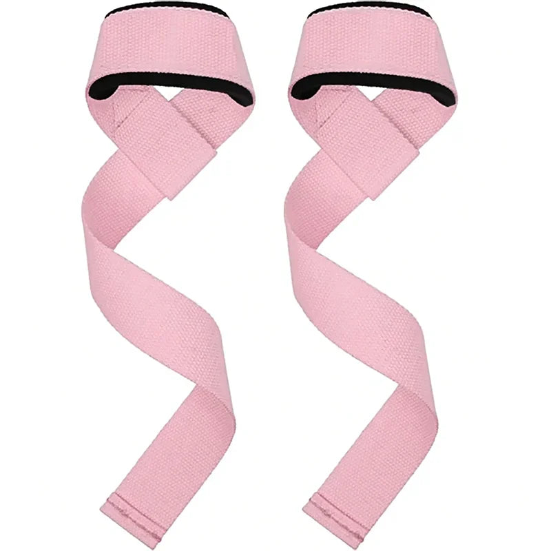 Pair of pink adjustable weightlifting wrist straps with black accents