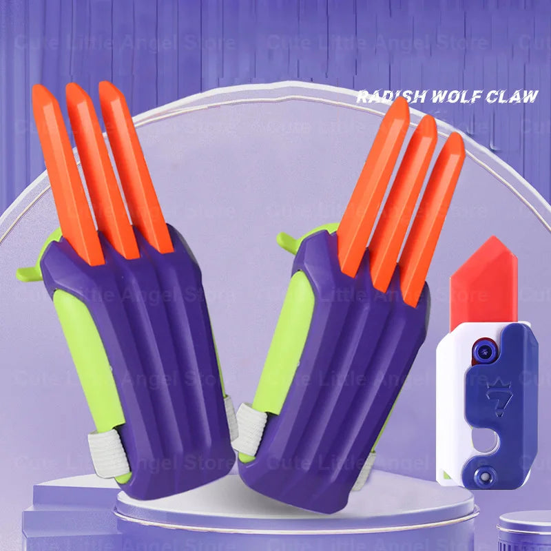 A pair of orange carrot-shaped fidget stress relief toys are displayed against a purple background.
