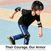 A boy wearing a black helmet, protective gloves, and knee pads is shown in motion on a light blue surface.