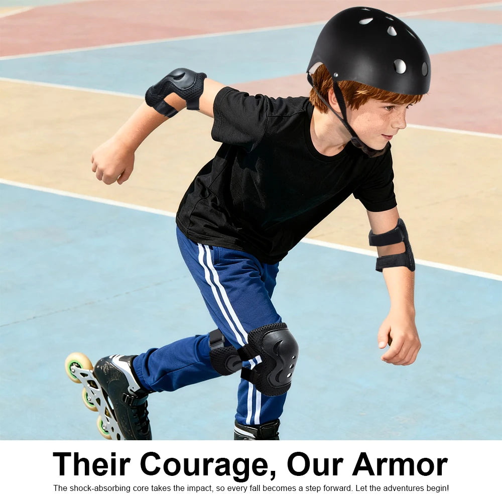 A boy wearing a black helmet, protective gloves, and knee pads is shown in motion on a light blue surface.