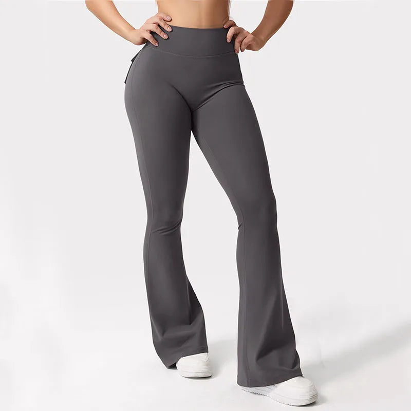 A model wearing dark gray high stretch women's yoga leggings