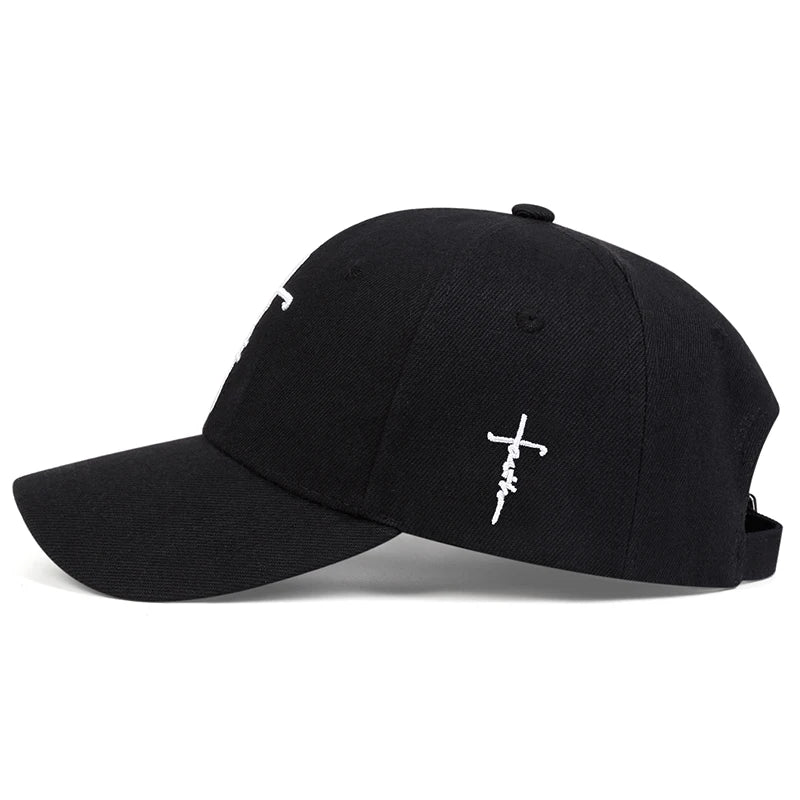 Black unisex embroidered snapback baseball cap with a white cross design