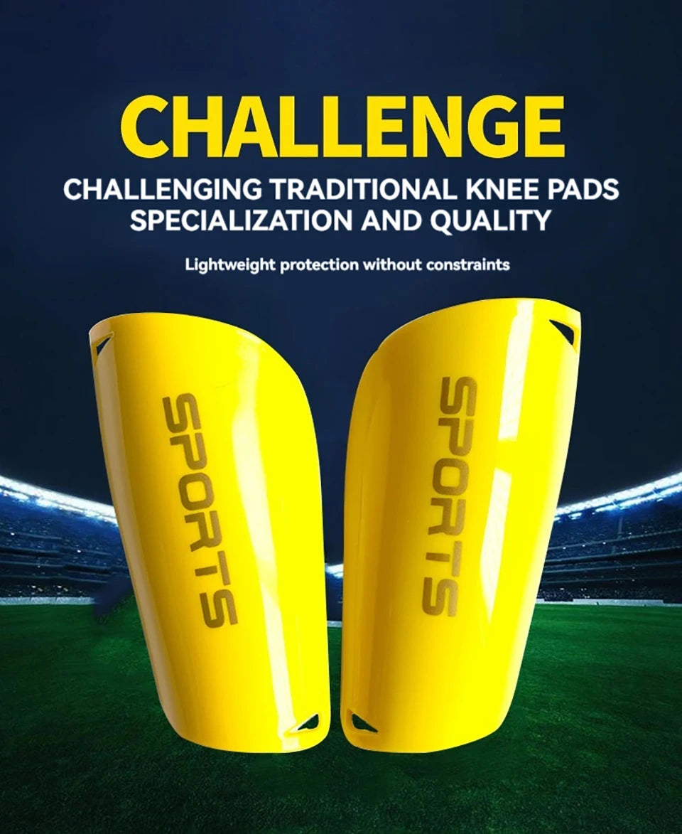 Two bright yellow knee pads are displayed on a green field, emphasizing lightweight protection.