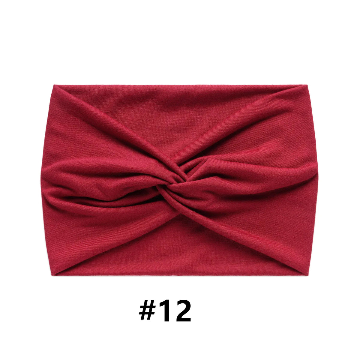 A folded maroon fabric headband with a twisted design, labeled #12.