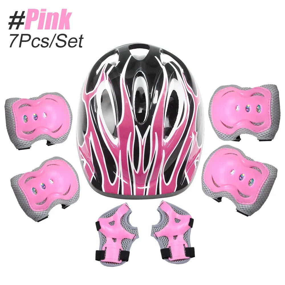 Pink kids protective gear set including a helmet, knee pads, and wrist guards for skating