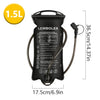 Black reusable water bladder hydration bag with a 1.5L capacity and attached tubing.