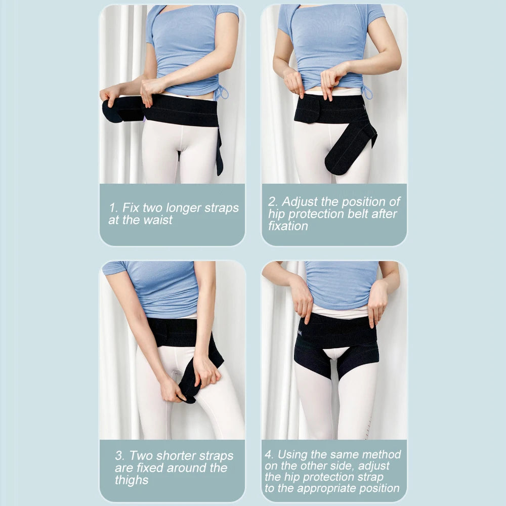 Instructions for fitting an adjustable thigh and groin compression brace on a person's waist and thighs.