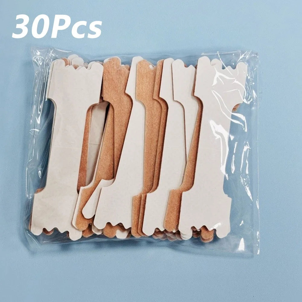 A clear plastic package containing 30 individual beige and tan hypoallergenic nasal strips for congestion relief.