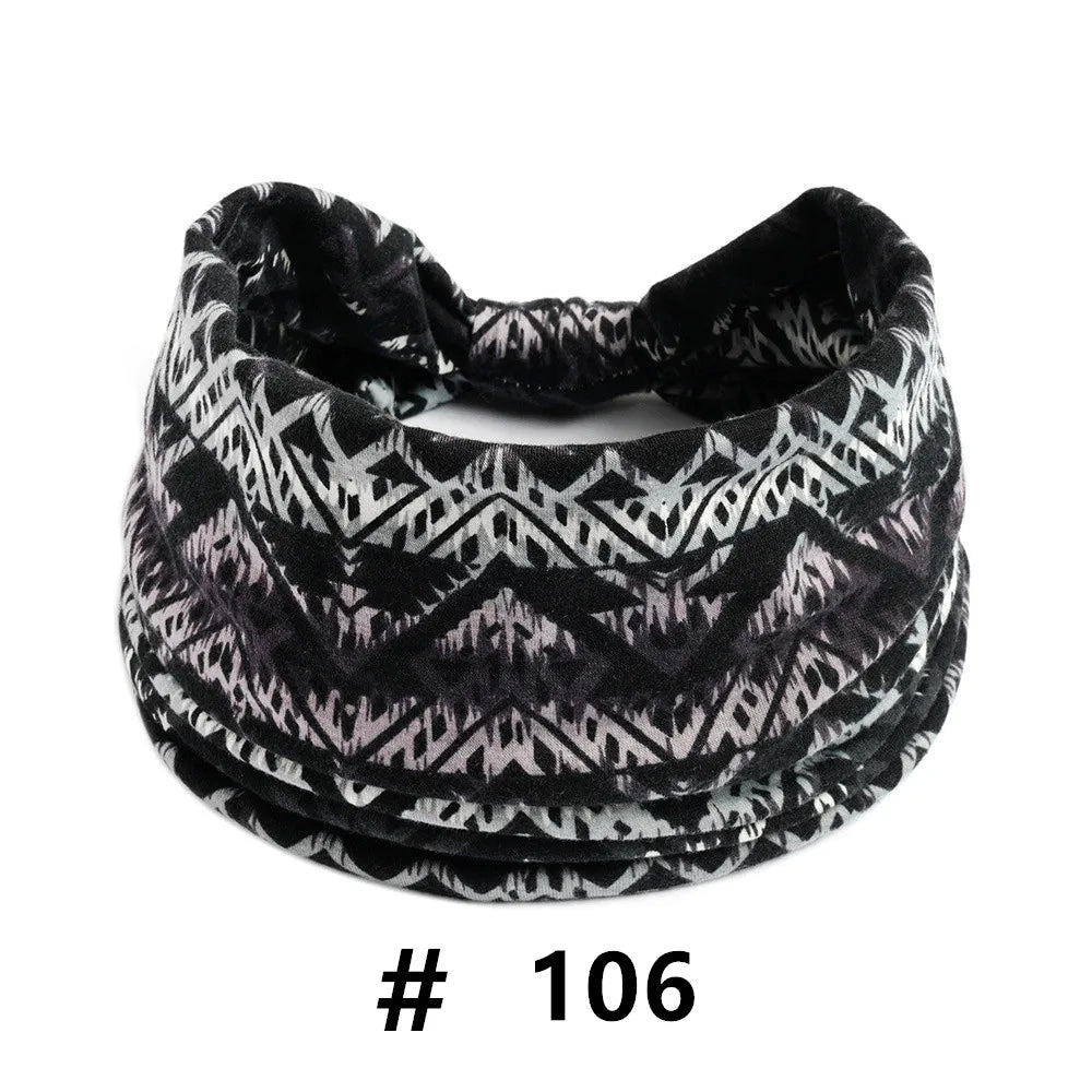 Black and gray patterned boho cotton turban headbands for workout and yoga