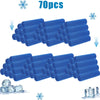 A set of 70 blue cooling microfiber towels for sports and wellness, shown in various arrangements.