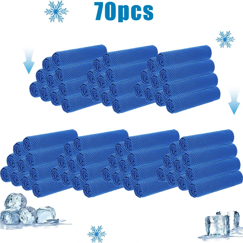 A set of 70 blue cooling microfiber towels for sports and wellness, shown in various arrangements.