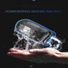 A hand is holding a waterproof LED headlamp, demonstrating its water resistance.