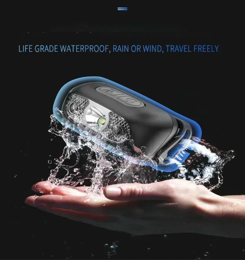 A hand is holding a waterproof LED headlamp, demonstrating its water resistance.