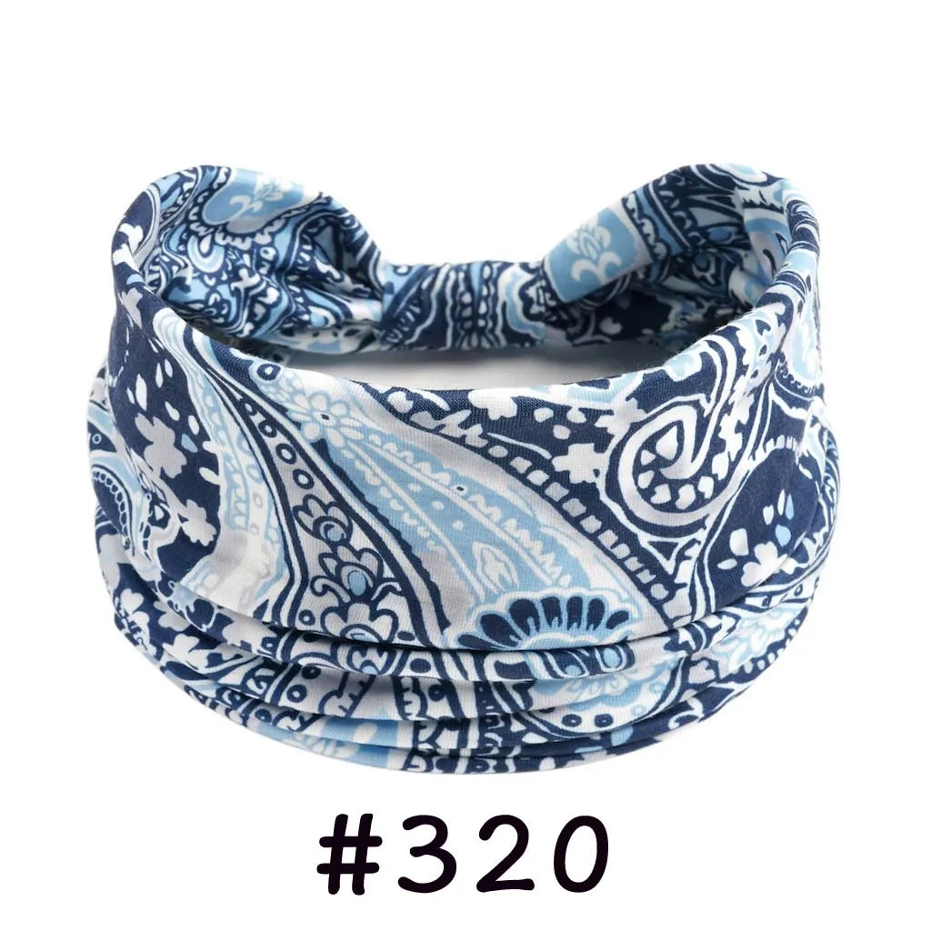 Blue and white patterned boho knotted cotton headbands for yoga and workout