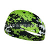 A green and black camouflage patterned elastic sports headband shown from the side.