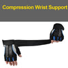 Fingerless weightlifting gloves with wrist support shown on a hand.