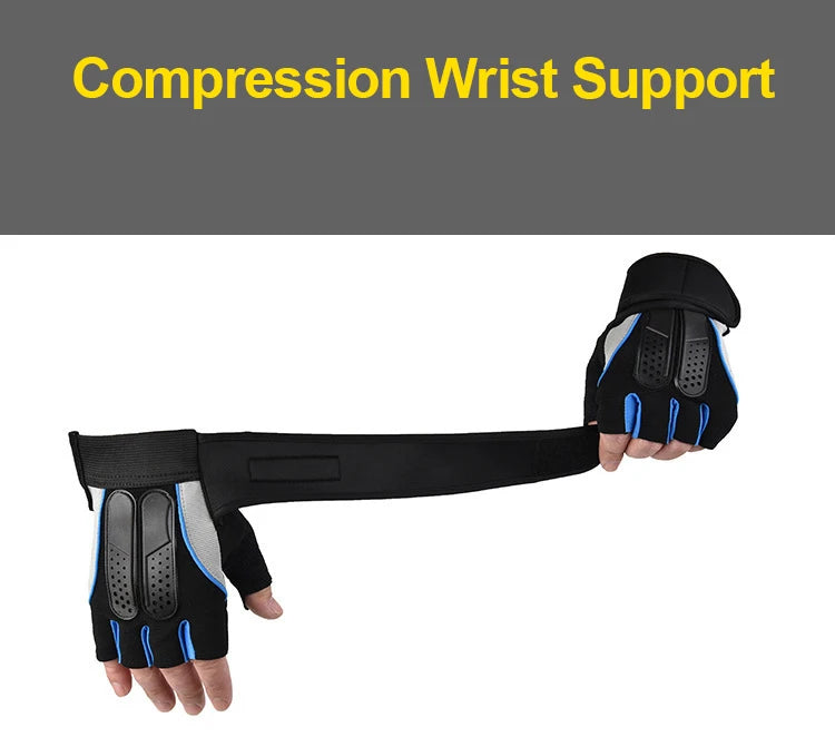 Fingerless weightlifting gloves with wrist support shown on a hand.