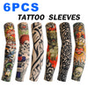 Seis paquetes de mangas para tatuajes sin costuras y protección solar con diversos diseños y colores
