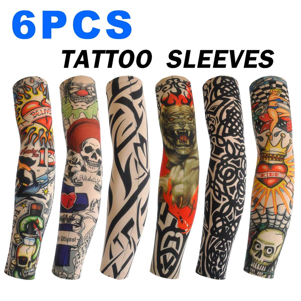Seis paquetes de mangas para tatuajes sin costuras y protección solar con diversos diseños y colores