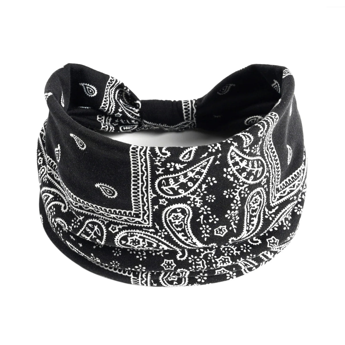 Black and white bohemian cotton stretch headband folded and displayed against a white background