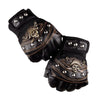 Black leather half-finger motorcycle riding gloves featuring an ornate pirate skull design