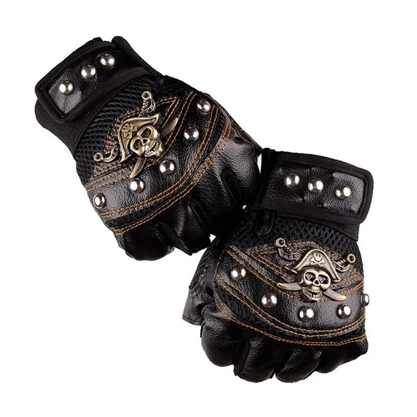 Black leather half-finger motorcycle riding gloves featuring an ornate pirate skull design