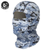 A close-up view of a blue and gray camouflage mesh balaclava face mask.